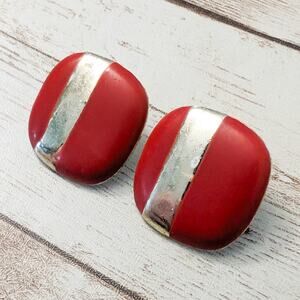 Vintage Earrings For Pierced Ears Red Rounded Square Shape - Poor Condition